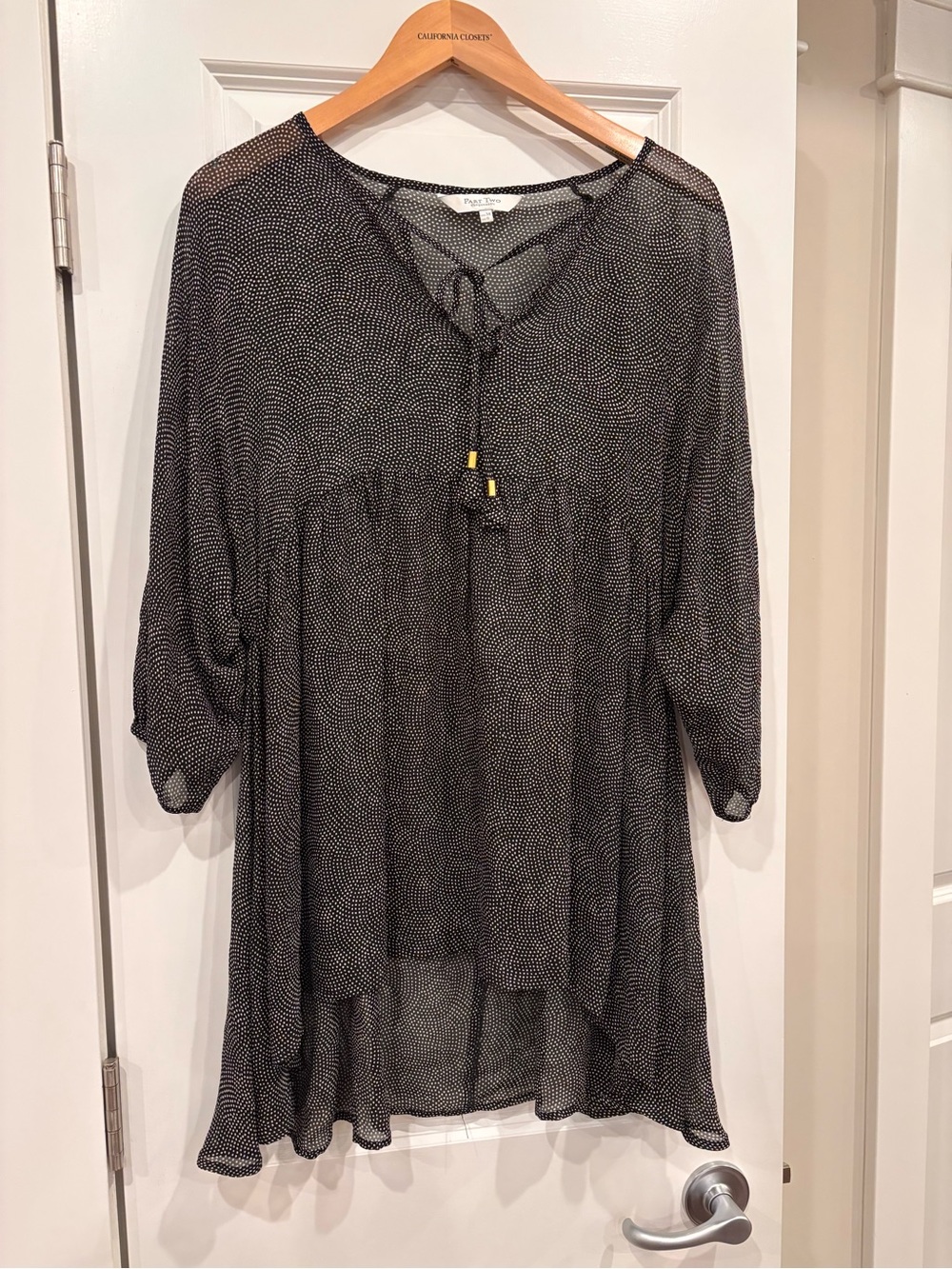 Feminine Part Two Dot-Print Black Sheer Peasant Tunic